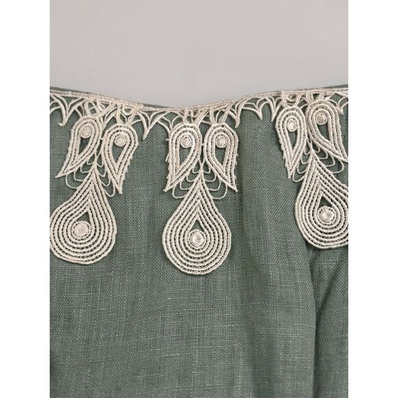 Vtg 1950's Linen and Embroidery Green and White Dress Off the Shoulder - Picture 3 of 5